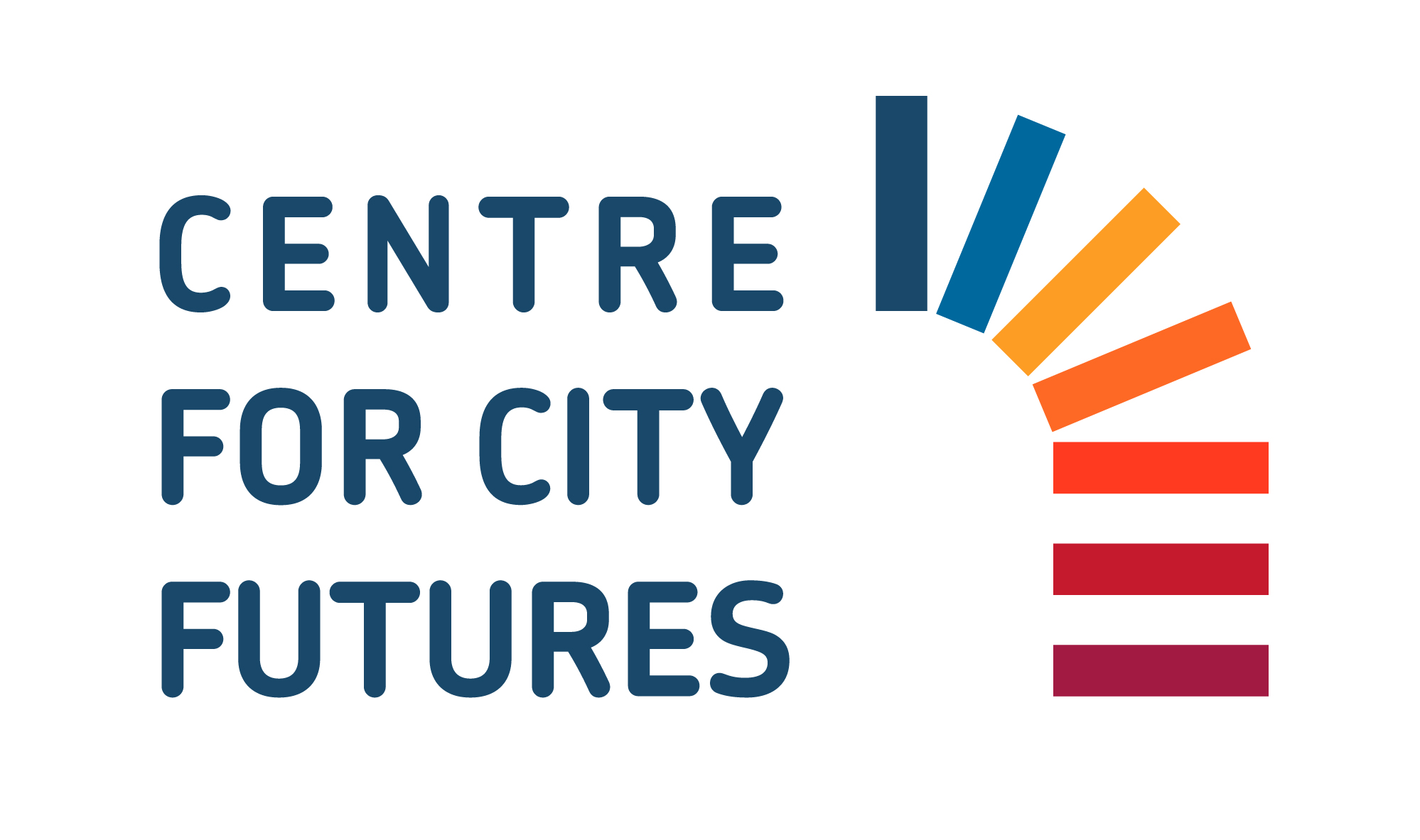 LOGO centre for city futures napis + kolorowe prostokąty układające się w połowę tęczy