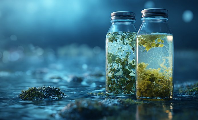 Polluted water filled with algae and bacteria compared to pure drinking water, environmental science concept Grafika